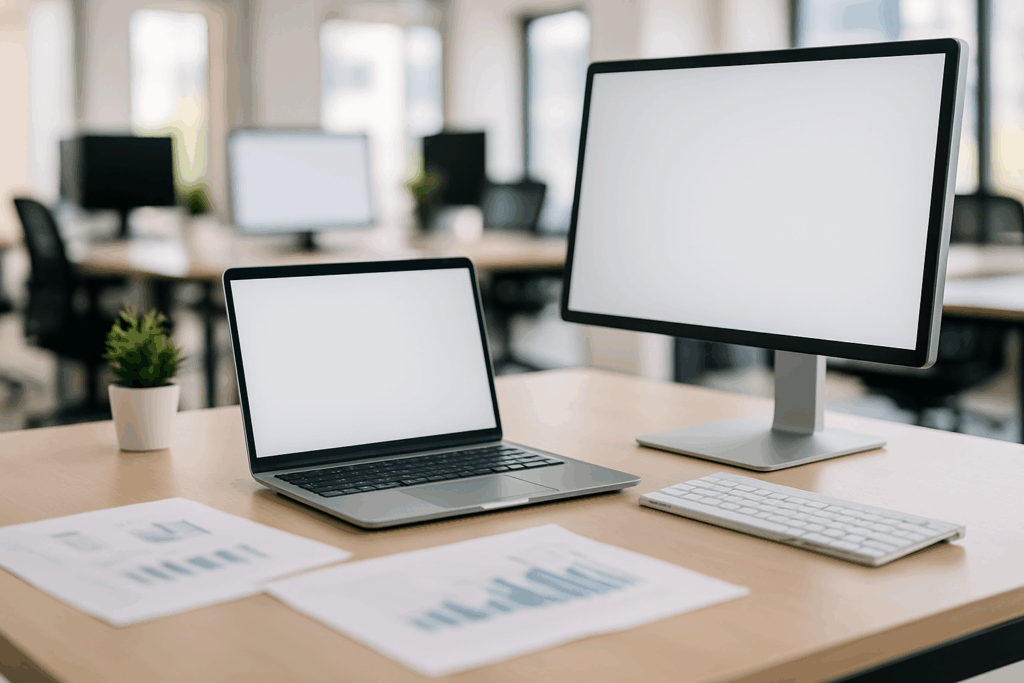 Nowoczesne biuro z widocznym sprzętem, symbolizujące kompleksowe ubezpieczenie dla firmy od Zimny Ubezpieczenia.