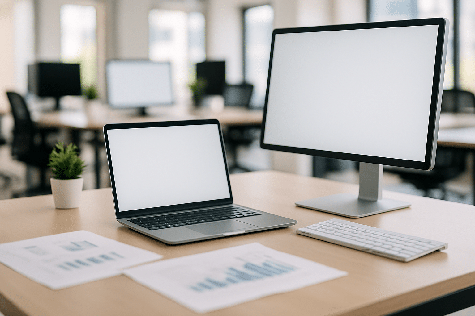 Nowoczesne biuro z widocznym sprzętem, symbolizujące kompleksowe ubezpieczenie dla firmy od Zimny Ubezpieczenia.