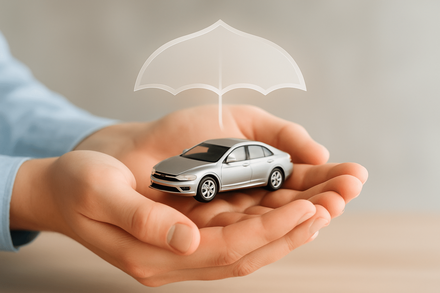 Ręce chroniące model samochodu, symbolizujące pełne ubezpieczenie komunikacyjne (OC, AC, Assistance, NNW) od Zimny Ubezpieczenia.