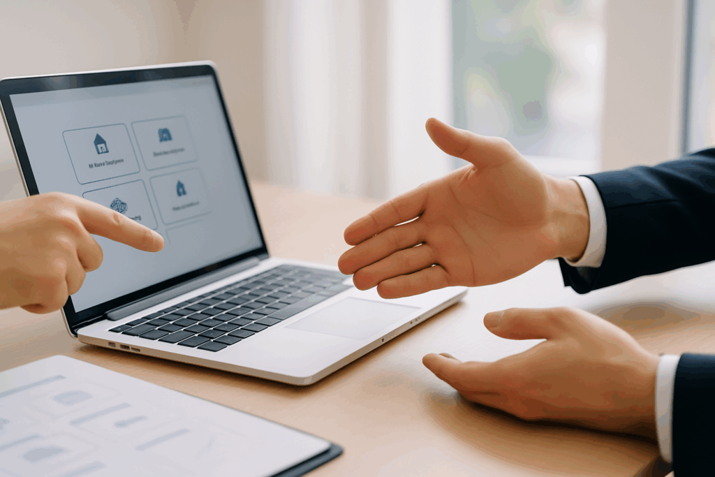 Agent ubezpieczeniowy doradzający klientowi, symbolizujący przewagę kontaktu osobistego nad zakupem online.