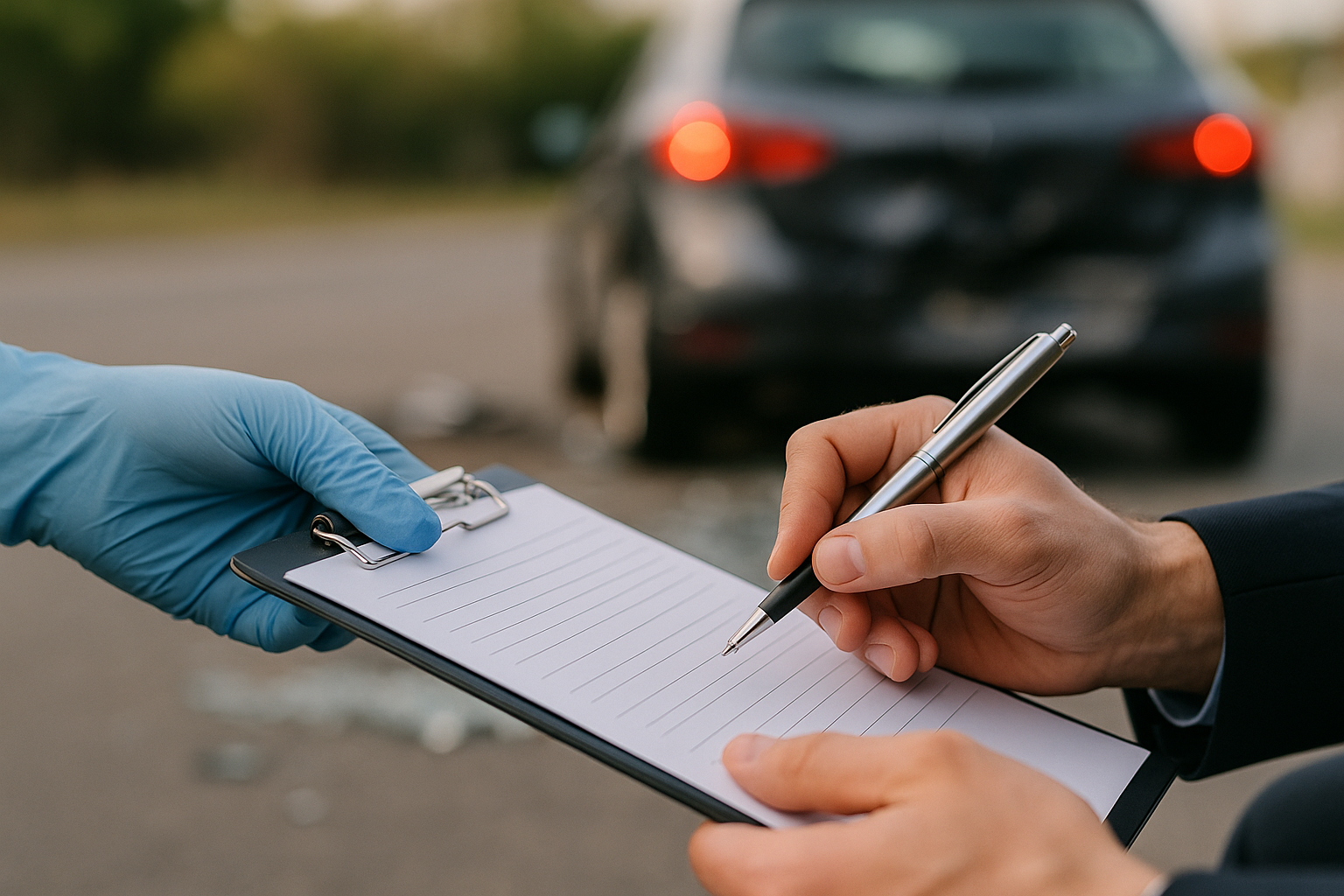 Dłonie spisujące protokół po wypadku drogowym, symbolizujące pomoc i procedury po kolizji.