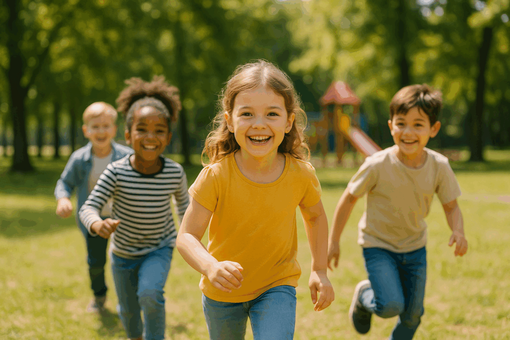 Uśmiechnięte dzieci bawiące się bezpiecznie, symbolizujące ubezpieczenie NNW dla dzieci. Zimny Ubezpieczenia.