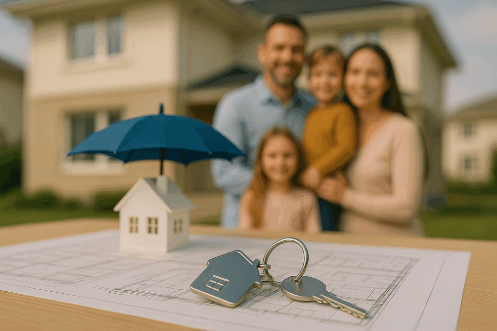 Szczęśliwa rodzina w bezpiecznym domu, symbolizująca ubezpieczenie nieruchomości. Zimny Ubezpieczenia.