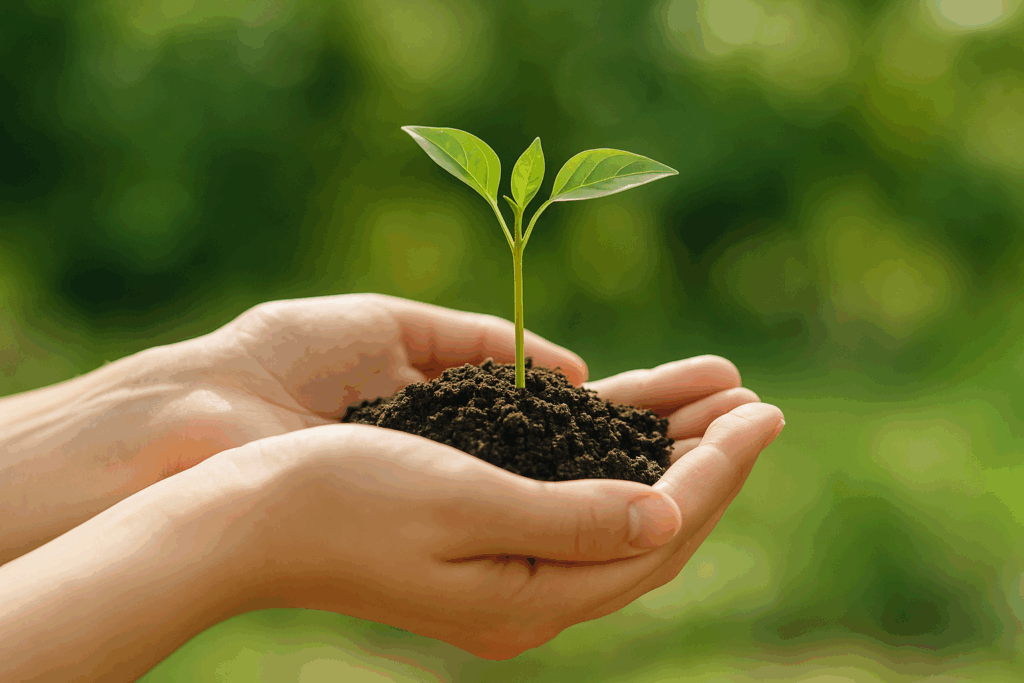 Dłonie trzymające młodą sadzonkę, symbolizującą wzrost i zabezpieczoną przyszłość dzięki ubezpieczeniu na życie od Zimny Ubezpieczenia.