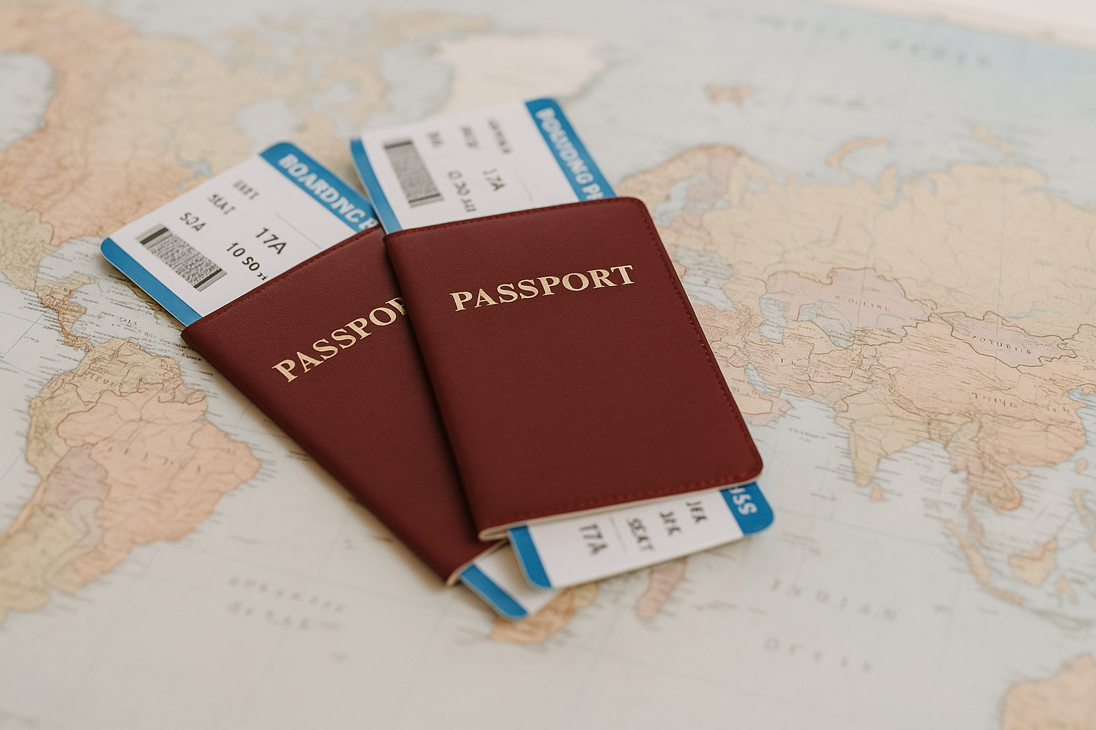 Paszport i bilety lotnicze na tle mapy, symbolizujące kompleksowe ubezpieczenie turystyczne i bezpieczne podróże.